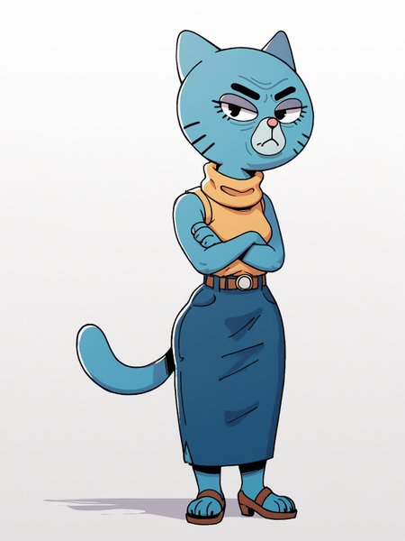 score_9,score_8,score_7,source_furry,
<1girl:1.5>,
<solo:1.5>,
wrinkles,
old,
old woman,
elderly,
1girl, mary_senicourt, granny_gumball, solo, skirt, tail, standing, full body, blue skirt, animal ears, furry, black eyes, sleeveless, looking at viewer, cat ears, belt, crossed arms, simple background, cat tail, shirt, blue skin, furry female, closed mouth, colored skin, sleeveless shirt,
<simple background:1.5>,
<white background:1.5>,
 <lora:Mary_Senicourt_Pony_SDXL:1> mary_senicourt