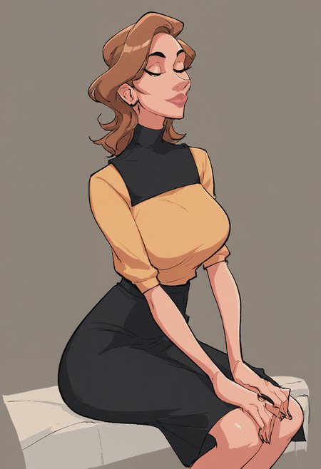 source_anime, score_9, score_8_up, score_7_up, 1girl, mature_female, large_breasts, portrait, solo, Sitting with legs outstretched, hands on ankles, fisheye, (Black suspender skirt), Golden Brown hair, face, rating_safe, <lora:pony\artist_styles\john_coffe_pony:1.0>