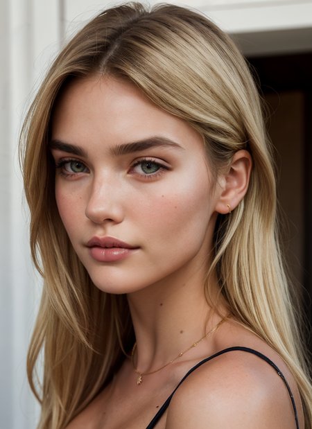 (vogue style portrait photograph:1.2), close up, woman, DV_Inka_Vicious, ((bleach Blonde hair)), looks at the camera, cleavage, confident face, (natural skin:1.2), indoor, hdr, 4k, cinematic, hyperrealistic