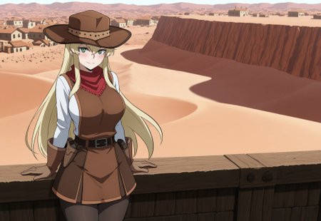 masterpiece, best quality, newest, absurdres, very aesthetic, Doya, 1girl, solo, cowboy shot, 
(blonde hair, long hair, bangs between eyes, sidelocks), green eyes, big breasts, 
(brown wide-brim hat), brown vest, white undershirt, red scarf, long-sleeves, brown gloves, brown skirt, (belt, belt buckle, belt pouches, holsters), black pantyhose, 
smile, looking at the viewer, (closed mouth), blush,
outdoors, sunny weather, town, old west, desert,