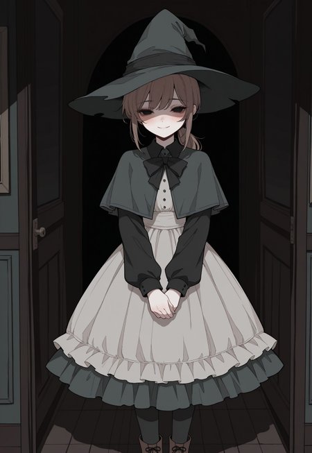 Solo, ethereal, detailed, halfturned, melancholic, upper facing, 

dark background, transparent walls, 

shadowed face, soft smile, blush, v_arms, 

1girl, black solid eyes, brown hair, ponytail, dark witch hat, long  grey dress, dark grey capelet, long black sleeves, collared, dark green neck_bow, frills,  [black pantyhose, brown shoes,],

masterpiece,best quality,amazing quality, detailed, 


masterpiece, best quality,  very aesthetic, absurdres, newest, 