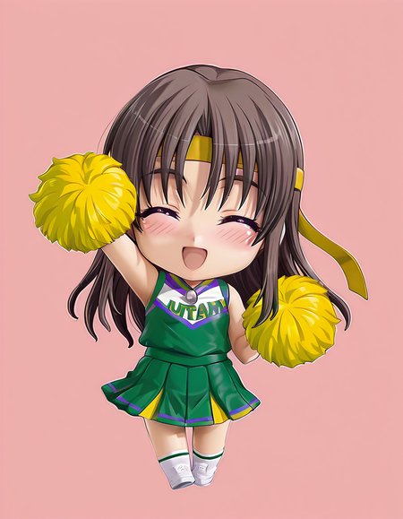 masterpiece, best quality, amazing quality, official art, ultra highres, very aesthetic, intricate, Figure, Nendoroid, 
1girl, ((chibi:1.2)), full body, ogasawara_tsubana, long hair, brown hair,
cheerleader, pom pom (cheerleading), headband BREAK
^ ^, blush, open mouth, Cheering for a team, arm up, simple background
<lora:ogasawara_tsubana v1.0-000011:1> <lora:Figure:1>