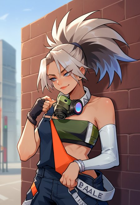 score_9, score_8_up, source_anime, 1girl, solo, AkaliTrueDmg, blue eyes, multicolored hair, grey hair, long hair, high ponytail, white choker, gas mask around neck, black overalls, strap slip, green tube top, single glove, white elbow glove, bracelet, fingerless gloves, black glove, outdoors, smirk, leaning against wall, <lora:ChamAkaliPonyXL:1>