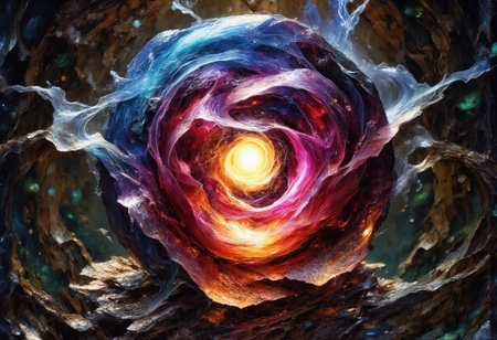 Ultra-realistic 8K resolution, Octane render, Unreal Engine 5 masterpiece, dark academia aesthetic, enchanted glass terrarium containing: one hybrid heliotrope-roses with translucent ruby gemstone petals (vitreous refraction), metallic obsidian stems (bioluminescent vascular system), liquid mercury dewdrops suspended mid-fall, spiral cerulean nebula core emitting plasma tendrils, fractured amber glass veins pulsing with trapped starlight, quantum foam escaping through dimensional cracks, non-Euclidean spacetime geometry, vantablack void background with gravitational lensing distortion, chrono-crystalline lattice framework, volumetric photon mapping event horizon glow, subsurface scattering in petal nanostructures, temporal anomaly causing timeline overlaps, hyperdetailed microbiology under gemstone epidermis, gothic biodigitalpunk style blending Zdzisław Beksiński and Ernst Haeckel, photorealistic macro photography meets celestial cartography, trending on ArtStation --ar 16:9 --v 6.0 --no cartoonish, flat colors, symmetry, human elements