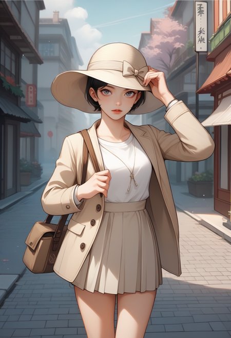 score_9, score_8_up, score_7_up, source_anime, 1girl, thighs, parted lips, holding hat, <lora:zs_TaeXL:1> taedsrk, black hair, bob cut, swept bangs, grey eyes, beige hat, beige jacket, white shirt, beige skirt, wind, street, asian architecture, cobblestone