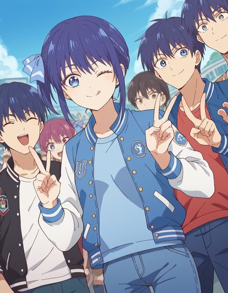 score_9, score_8_up, score_7_up, source_anime, <lora:nagisa-minase-s2-ponyxl-lora-nochekaiser:1>, nagisa minase, bangs, blue eyes, blue hair, hair ribbon, side ponytail,, <lora:letterman-jacket-ponyxl-lora-nochekaiser:1>, letterman jacket, jacket,, outdoors, crowd, people, v, v over eye, one eye closed, tongue out, smile, beanie, pants, open clothes, open jacket, , cowboy shot, dutch angle