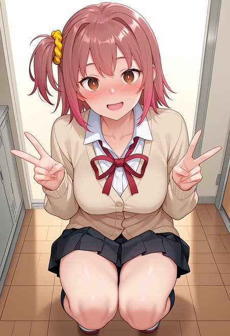 highres, best quality, masterpiece, indoors, 
1girl, solo, smaphnt, brown hair, pink hair, short hair, side ponytail, scrunchie, brown eyes, medium breasts, 
school uniform, red ribbon, cardigan, pleated skirt, black skirt, 
blush, open mouth, looking at viewer, 
mind control, brown pupils,
squatting, double v, smile,
<lora:_hinata_saimin_app-elesico-ilxl-000013:1>