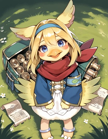 (score_9:0.9),score_8_up,score_7_up,rating_safe,anime_style,(zPDXL3),(zPDXL),
<lora:Filo, Messenger Fur Hire ponyXL v1.1:0.85>,filo messenger fur hire,solo,1girl,blush stickers,open mouth,red scarf,blue jacket,cyan hairband,sidelocks,green backpack,,bird girl,smile,blush,barefoot,bottomless,silver anklet,beak,scroll,feathered wings,grass,facing viewer,wariza,head tilt,closed mouth,