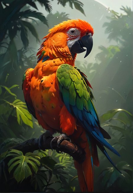 colorful parrot, playful , (ruffed feathers:1.2), dawn, dew,  jungle, rain, windy storm, dark, calm, slumber incoming, back-light, silhouette, filigree shadows, <lora:SDXL - Style - EldritchRomanceIllustration_0.9.1:0.7> <lora:XL_boss_battle:0.2> <lora:- SDXL - vntblk_vanta_shapes_V1.0:0.7>