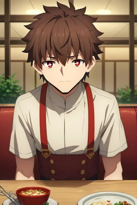 zPDXL, score_9, score_8_up, score_7_up, rating_safe, intricate details, looking at viewer, depth of field, 1boy, satou kazuma, kono subarashii sekai ni shukufuku wo!, brown hair, red eyes, solo, asymmetrical, restaurant, indoors, leaning back, heart eyes, <lora:fate_go_style_pony:0.92>, fate_go_style, , <lora:sdxl_lightning_8step_lora:1>