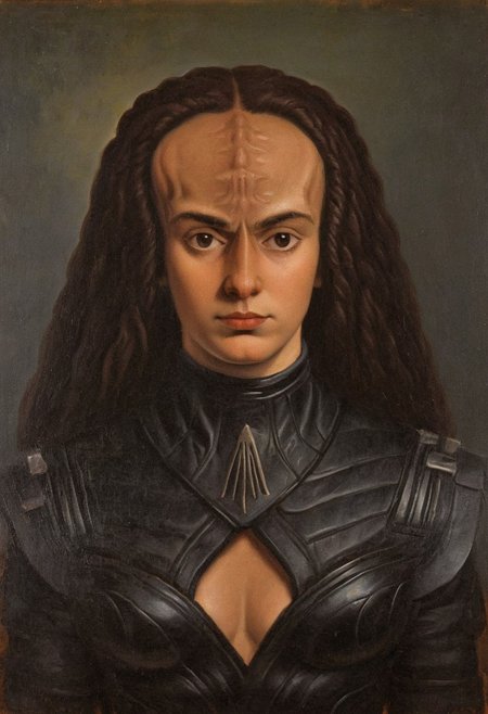intricate detailed AH_Hayez oil painting upper body portrait of a female  kling0n alien princess, leather dress, forehead ridges, light brown skin, nose ridges, large eyebrows