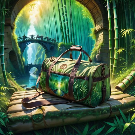 Jed-dtl, <lora:Jedtailer-000005:0.6>, [art by Rubén Maya| (Antonello da Messina:1.3) ], detailed art, Bamboo grove at dawn, (Duffel bag:1.2) , Freelance, inside of a Compelling Viaduct, 35mm, Embroidery, Pixabay, D&D, artstation, contemporary fine detail, quality, perfect background, aesthetic, located artistic, beautiful, magical atmosphere, highly complex