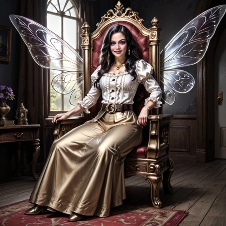 Action scene, Photo realistic, hyper realistic, score_9, rating_safe, solo (arch fey woman, (beautiful detailed face), (violet eyes), (bronze metallic gold skin ral-polishedsteel), (pirate, white blouse, black pants, gloves), (fairy wings), (long black hair), (thick thighs | large muscles), (sword belt)), standing next to a throne, in a detailed throne room, hi res, hi quality, 4k, realism