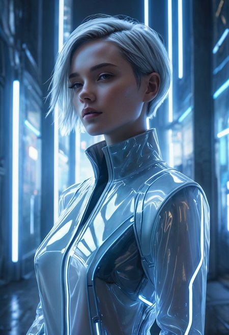 futuristic woman, translucent coat, glowing seams, glass city, cyberpunk architecture, soft blue lighting, minimalism, short hair, sleek style, photorealistic