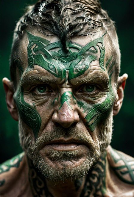 hyperrealistic portrait, ancient Celtic warrior, fierce expression, wrinkled and weathered skin, intricate green tattoos, swirling patterns, (battle scars:1.2), dramatic lighting, shallow depth of field