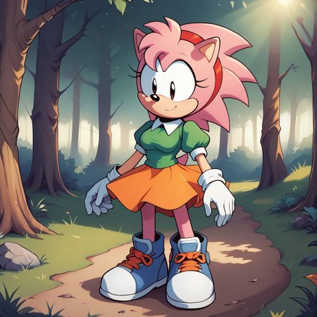score_9, score_8, BREAK, solo, Classic Amy, sonic \(series\), solo girl, green dress top, white gloves, animal ears, black pupils, pink, white shoes, short puffy sleeves, white collar, red hairband, orange skirt, animal nose, two-tone fur, pink fur, adult, breasts, sexy pose, self portrait, smile, outdoors, sunlight, shadows, evening lighting, natural lighting, forest, trees, grass, orange sky, sunset