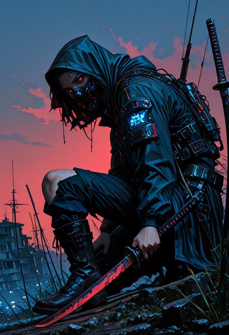 masterwork, masterpiece, best quality, detailed, depth of field, , high detail, best quality, very aesthetic, 8k, photorealistic, realistic skin, deep colour, high contrast, hyperdetailed, matte digital painting, trending on artstation, sharp edges, precise, clear focus, detailed face, face focus, sideview, wide shot, looking at viewer, 
 futuristic, gritty. 
line art, ink art of a woman, solo, soldier, enigmatic, (glowing red eyes), matte black modular suit of armor, molded armour, whole body protection, heavy boots, holding a katana, blue glowing blade, ready to fight, fighting stance. Deep hood, black face mask, pale skin, 
background war-torn urban landscapes, dramatic lighting, dynamic angle, whole body, face focus, high contrast, deep shadows, distant fires, smoky sky, matte painting, 
 STP-Illu