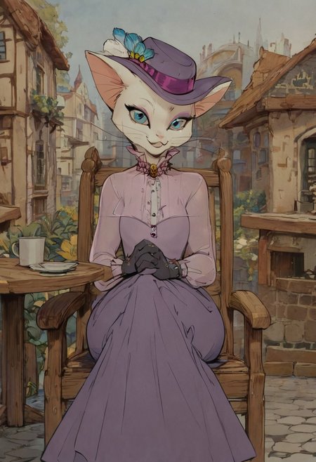 score_9, score_8_up, score_8, cute, in the style of beatrix potter, cel-shading, fca style, baroness louise, white fur, cat, female cat, blue eyes, anthro, gloves, purple hat, elegant hat, purple dress, looking at viewer, beautiful eyes, smile, solo, 1girl, countryside, small town, sitting on chair, table