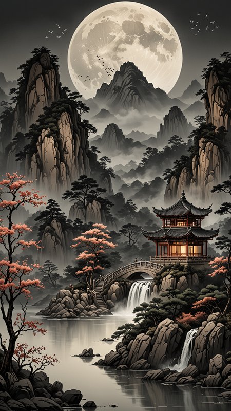 chinese landscape, mountains, waterfall into a open lake, chinese traditional building around the lake, soft moon, intricate details, dark shadows, at night, Chinese ink brush art style, graceful brushwork, elegant compositions, traditional motifs, professional-grade execution, captures the essence of Chinese culture and aesthetics