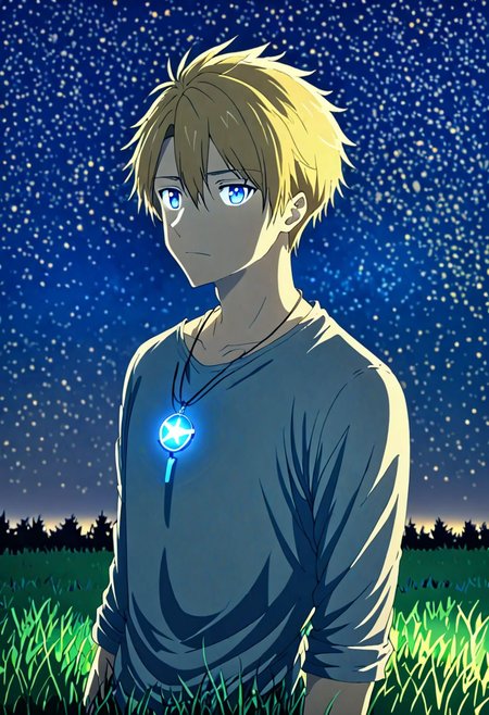 high resolution, solo, best quality, 1Boy, Yamato Ishida, Blond Hair, Blue Eyes, Necklace, grass, middle night, astronomy, star, OverallDetail