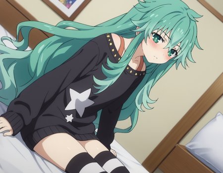 score_9, score_8_up, score_7_up, source_anime,
natsumikyouno,  <lora:natsumi-kyouno-s4s5-ponyxl-lora-nochekaiser:1>,
natsumi kyouno, long hair, very long hair, green hair, aqua hair, green eyes,
thighhighs, long sleeves, striped, star \(symbol\), sweater, striped thighhighs, star print,
indoors, bed, bed room, on side, blush, drunk,
looking at viewer, solo, cowboy shot, dutch angle,
