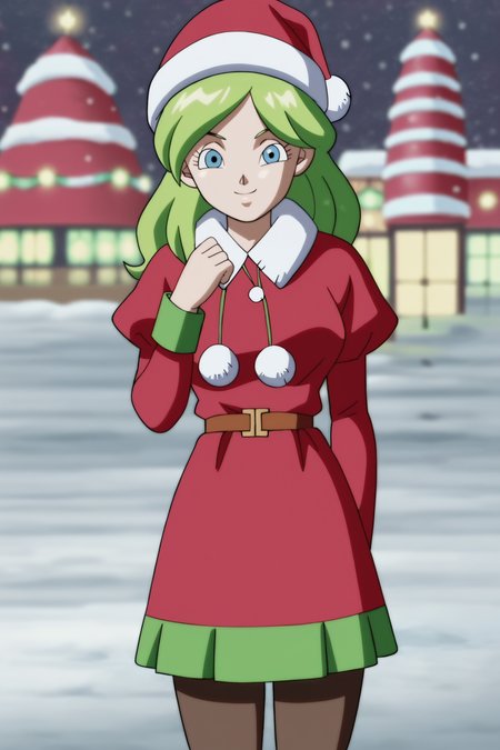 source_anime, score_9, score_8_up, score_7_up, anime screencap, absurd res, high quality,
solo, 1girl, official style,
brianne, long hair, green hair, blue eyes,
santa costume, santa hat, smile, short skirt, belt, snow, outdoors, dutch angle, cowboy shot, 
<lora:Kamikaze_Fireballs_v1:0.8>