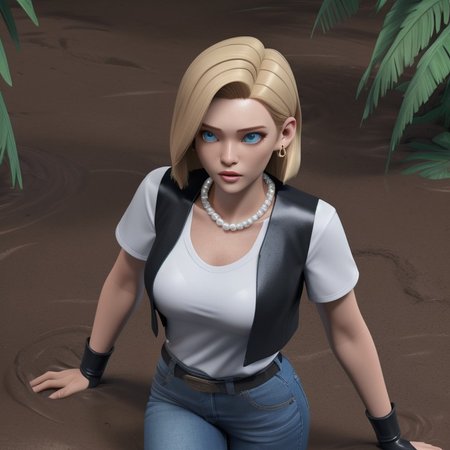 Masterpiece, best quality, 3DMM, shiny skin, 1girl, medium breasts, waist-deep, rainforest, clearing, tropical plants, 3d animation, cgi, from above, looking at the viewer, scared, :o,  partially submerged, sinking in quicksand, brown mud, and18, 1girl, android 18, solo, blonde hair, blue eyes, belt, jeans, pearl_necklace, bracelet, black gloves, white shirt, short hair, short sleeves, earrings, blue pants, open vest, black vest, large breasts