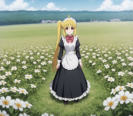score_9, score_8_up, score_7_up, highres, hi res, best quality, masterpiece, 2d, intricate details, 4k, anime coloring, shadow, uncensored,
1girl, solo, female, :3, long hair, blonde hair, red eyes, ahoge, sidelocks, side ponytail, detached ahoge,
maid headdress, maid, maid apron, long sleeves, black dress, frills, frilled dress, frilled skirt, frilled sleeves, long dress, 
cowboy shot, three-quarter portrait, facing viewer, front view, standing, 
flower field, outdoors, grass, on grass, depth of field, motion blur, <lora:Nijika_Ijichi_1024_Pony:1>, ijichi nijika, bocchi the rock!,