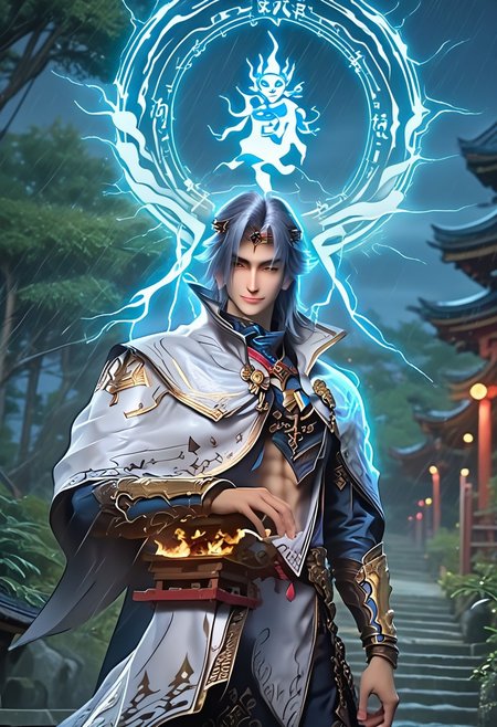 (Masterpiece:1.4), (best quality:1.2), (perfect anatomy), (perfect hands), (perfect face),1boy, solo, full body, LanGe, LanGe_silver-blue-hair, LanGe_long-medium-wavy-hair, LanGe_dark-eyebrows,  LanGe_gray-eyes, LanGe_asian-shaped-eyes, animal_ears, fox ears, cute boy, Fox tail, glowing eyes, LanGe_prince-crown, ((LanGe_white-royal-mantle, LanGe_golden-royal-mantle-brooch)), black_gloves, beaded bracelet, backlit character, looking at viewer, smiling, closed mouth, half smile, thin waist, large chest, prominent pecs,  BREAK,
shrine, japanese shrine, bamboo trees, night, nighttime, raining, heavy rain, light rays, light circle behind the character, low light, dark, blue fire wisp, gas body, paved path, moss, extreme detail, detailed scenery, detailed background,