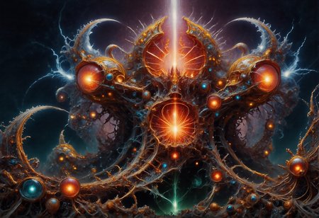 This is a highly detailed fractalex digital painting in a baroque style a compelling use of (snellâs law) how light travels through the lenses of spheres creating a gateway to other dimensions through an Electrified spectrum of fractal separation into multidimensional gateways with views of spiral galaxy, before entering a newdimension. precise fractal design, flowing curves, precision, colorful fractal geometry, harmonic interference, dismrt style, realism, detailed digital illustration, photo manipulation, altered realities, digital artistry, striking visuals, chiroscuro lighting, masterpiece, best quality, highres, high detail, sharp focus, detailed background, light reflection, photo-realistic,  <lora:Epic_gorgeous_Details-flux.1:0.5> <lora:Amazing_scenery_v1:1> <lora:P-Mystic-Fusion_v10:0> <lora:flux.1_lora_surreal-tones_v1:0> <lora:RealisticDigitalPainting-flux:0.6> <lora:Electrified_Flux_v1:1> <lora:Dorota_Pietrowiak-Flux:0.3> <lora:best_of_flux_v30_rank64_bf16-step01750:0.65> <lora:ral-frctlgmtry_flux:0.65> <lora:fractalex:0.5441650390625> <lora:-_Flux1_-_vanta_black_V2.0:1>