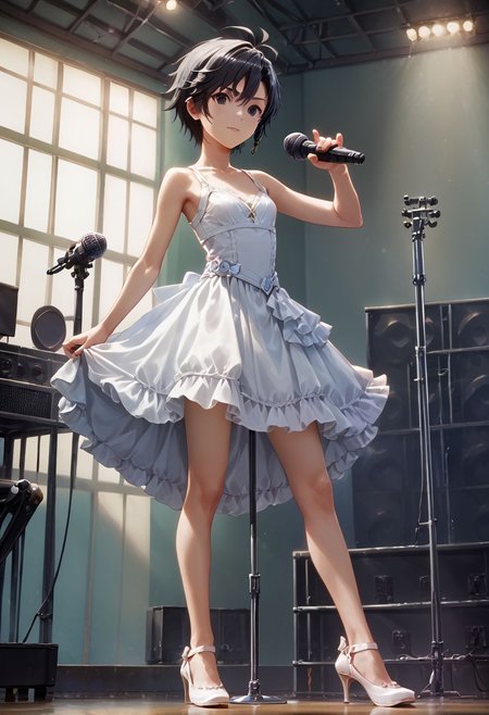 score_9,score_8_up,score_7_up,score_6_up,source_anime, <lora:Worldly_XL:1> (rock concert, microphone stand, microphone:1.3), playing guitar, live concert
1girl, solo, full figure, 
<lora:KikuchiMakoto_pony_v1:0.9> kikuchi makoto, kkcmkt, short hair, black hair, antenna hair, hair between eyes, black eyes, flat chest, small breasts,  (long legs:1.2), white dress, white shoes, delicate strappy heels,
zPDXL, zPDXL-neg
