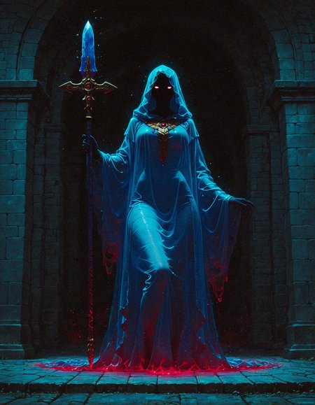 masterpiece, best quality, amazing quality, <lora:DarkFantasy_v3_Buns:0.55>, Spirit Sentinel, flowing translucent robes, spectral spear, drifting ghostly companions, ancient crypt, masterpiece, best quality, amazing quality