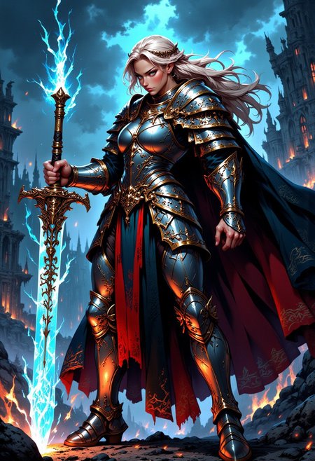 "A medieval warrior sorceress stands boldly amidst a dark, enchanted battlefield, her design inspired by comic art with bold, intense colors and sharp detailing. She wields a glowing, ethereal greatsword crackling with magical energy, its jagged edges radiating a menacing, otherworldly light. Her medieval armor is a blend of sleek steel and arcane runes, adorned with spikes and intricate carvings that reflect her dark power. A flowing black cape lined with crimson billows behind her, complementing her piercing gaze and pale skin. Her long, platinum-blonde hair is tied back into a loose braid, framed by a dark, intricate circlet. The backdrop reveals a stormy sky over a ruined castle, with flashes of magical energy illuminating the scene. Describe the dynamic pose and powerful presence of this sorceress, blending medieval aesthetics with comic-style drama and vibrant