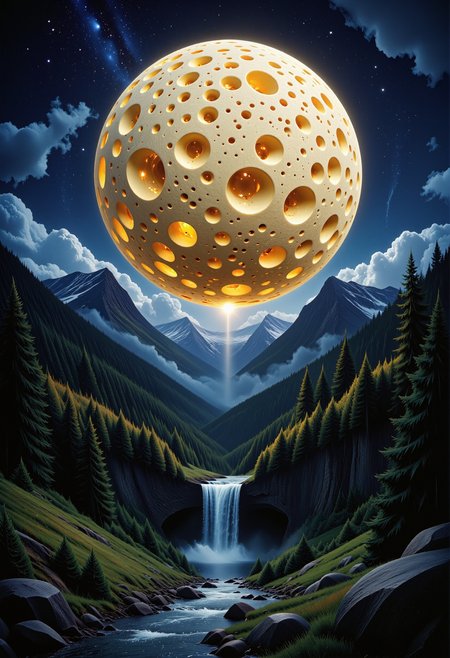 A painting of a gigantic glowing orb made from cheese shining over a fantastical night landscape with forests, trees, a river, a waterfall and rocky mountains. <lora:Hyper-FLUX.1-dev-16steps-lora:0.15> <lora:Challenge_Winnifier_ENTERPRISE_EDITION_epoch_5:0> <lora:New_Fantasy_CoreV4_FLUX:1> <lora:Made_from_Cheese_Flux:1>