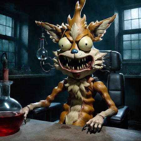 creepy fanart, best quality, semi-realistic, portrait of ukj, creepy face, high detailed realism, sitting in his evil lab<lora:squanch_sdxl_ukj_E3:0.95>