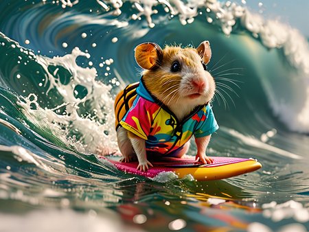 hamsterwearing surfing a big wave wearing colorful surfer shorts  <lora:add-detail-xl:1> <lora:MJ52:0.6>