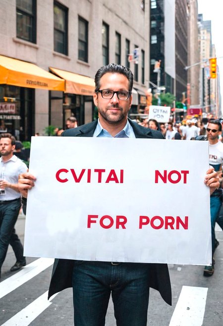 Realistic photograph of an intelligent man in a busy downtown New York City neighborhood holding a large poster, (holding sign with text:"Сivitai not for porn":1.4 )