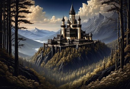 dw01-3400, ((score_9, score_8_up, score_7_up)), masterpiece, aesthetic, a majestic castle made out of, ebony, ivory, scrimshaw, bone carving, located on a mountain overlooking a forest