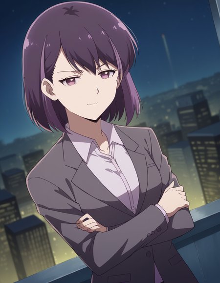score_9, score_8_up, score_7_up, source_anime, <lora:rika-honjouji-alpha-ponyxl-lora-nochekaiser:1>, rika honjouji, short hair, bangs, purple hair, purple eyes, streaked hair, medium breasts,, shirt, jacket, white shirt, collared shirt, formal, suit, city skyline, rooftop view, night time, city lights, quiet reflection, , , crossed arms, smug, solo,, cowboy shot, dutch angle,