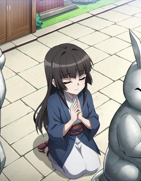 score_9, score_8_up, score_7_up, score_6_up,, score_5_up, BREAK, source_anime, anime screencap, layered kimono, shirabe, long hair,  praying, rabbit statue,, head down, closed eyes, high angle, on knees, shrine,  <lora:AXZ-Shirabe:0.9>