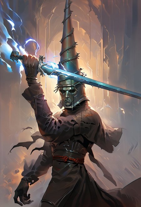 score_9, score_8_up, score_7_up, 1man, tall conical helmet, metal facial mask, pauldron, expressionless,   holding weapon, holding sword, blue electricity, cleavage, black dress, sleeves,