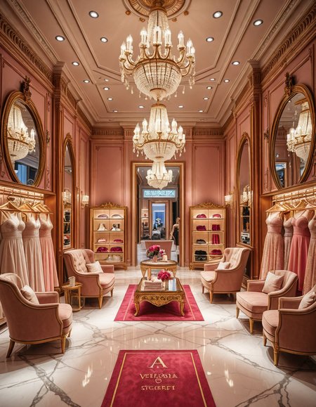 A luxurious high-end lingerie boutique interior, inspired by Victoria's Secret flagship stores. Elegant pink and gold color palette, soft ambient lighting, large crystal chandeliers hanging from the ceiling, velvet armchairs, marble floors, and ornate mirrors. Chic lingerie displayed on golden racks and mannequins wearing lace and satin pieces. The boutique features glamorous wall decor, a plush fitting area, and branded shopping bags. The atmosphere is opulent, feminine, and seductive, with a refined and exclusive design. Wide-angle view, sharp focus, cinematic lighting.
<lora:SDXLFaeTastic2400:0.4> <lora:extremely_detailed:0.4> extremely detailed,high-end lingerie b0ut1qu3 <lora:high-end_lingerie_b0ut1qu3-i:1>, Masterpiece,best quality,hi res,8k,hi res,8k,award winning,(sharp focus, intricate, highly detailed),