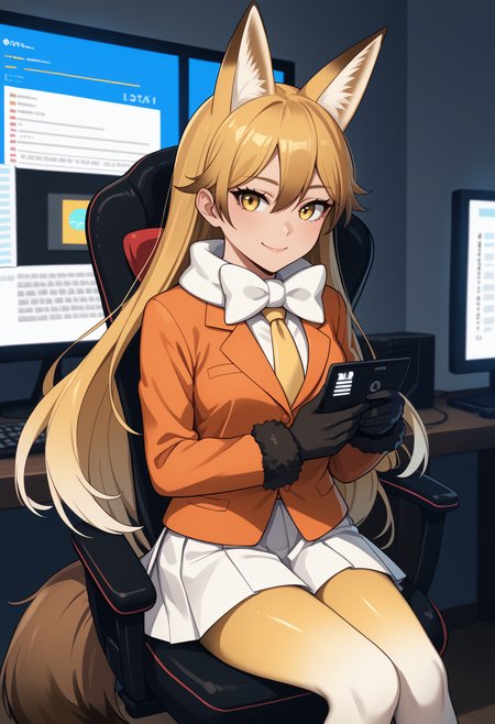 score_9, score_8_up, score_7_up, source_anime, <break> solo, 1girl, ez0r3df0x, fox tail, light smile, looking at you, sitting, gaming chair, multicolored hair, blonde hair, brown hair, animal ears, extra ears, yellow eyes, fur trim, orange jacket, blazer, white bowtie, yellow necktie, long sleeves, fur-trimmed sleeves, black gloves, white skirt, pleated skirt, gradient legwear, yellow pantyhose, indoors, table, computer, monitor, keyboard \(computer\)
<segment:yolo-face_yolov8m.pt,0.4,0.5//cid=1>
