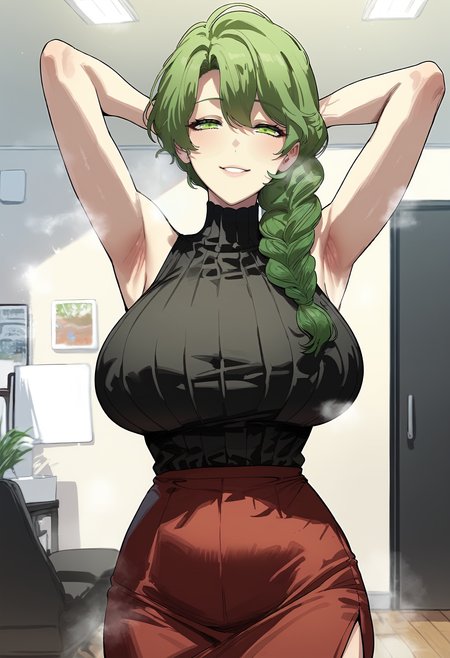score_9, score_8_up, score_7_up, score_6_up, source_anime, rating_explicit, 1girl, solo, huge breasts, <lora:druggistponyxl:1> green eyes, green hair, long hair, single braid, braided ponytail, ribbed sweater, turtleneck sweater, black sweater, sleeveless, red skirt, pencil skirt, smile, half-closed eyes, parted lips, Narrow shoulders, heavy breathing, steaming body, living room, indoors, looking at viewer, close-up, standing, arms behind head, armpits