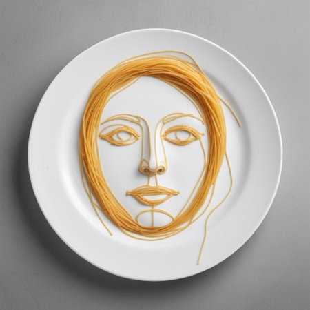 from above, minimalist, empty dinner plate, line drawing of a face made using strings of spaghetti, masterpiece, best quality, ultra realistic,32k,RAW photo,detail skin, 8k uhd,high quality, ,
