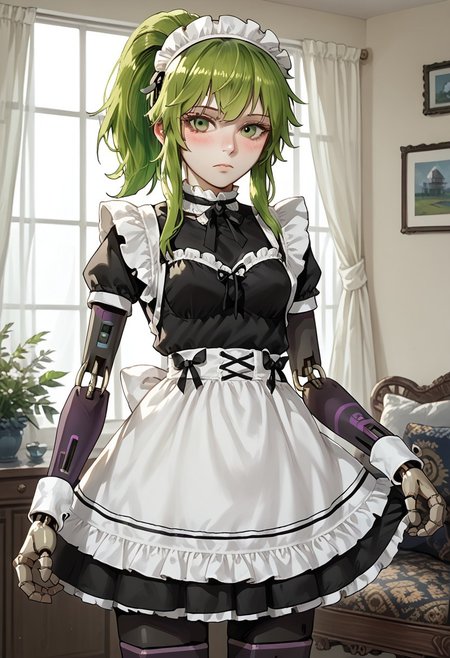 score_9, score_8_up, score_7_up, winda, 1girl, joints, solo, doll joints, green eyes, green hair, ponytail, solo, looking at viewer, blush,  perfect hands, maid apron, maid, maid headdress, wrist cuffs, indoor, living room, cowboy view