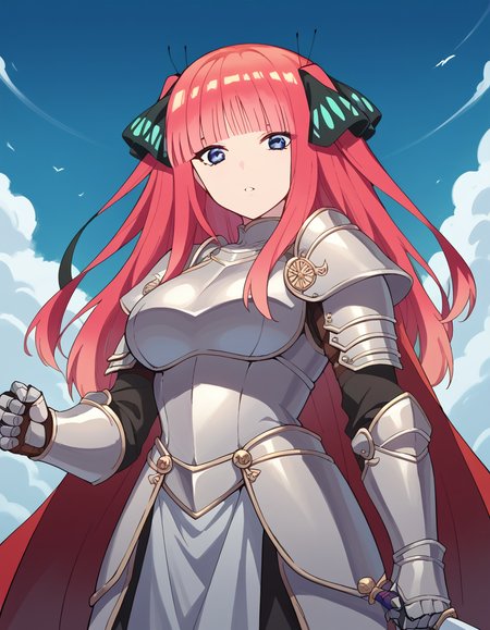 score_9, score_8_up, score_7_up, source_anime, <lora:nnakano-s2-ponyxl-lora-nochekaiser:1>, long hair, bangs, blue eyes, hair ornament, hair ribbon, pink hair, blunt bangs, two side up, butterfly hair ornament, large breasts,, <lora:knight-ponyxl-lora-nochekaiser:1>, knight, armor, cape, sword, weapon, holding weapon, shoulder armor, gauntlets, helmet, pauldrons, red cape,, blue sky, clouds, from below, parted lips, looking at viewer