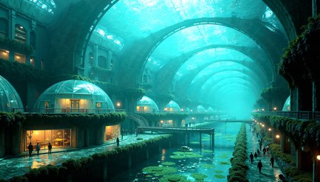 Hyperrealistic depiction of Underwater City, a city built beneath the ocean, with massive glass domes housing buildings and streets. Bioluminescent sea creatures swim outside the domes, casting a soft glow over the city. The streets are filled with people, some of whom have adapted to the underwater environment with gills or other modifications.Expansive fields of algae that emit a soft, greenish-blue glow, creating an eerie yet serene atmosphere. Tall towers made of crystalline structures that refract light into rainbow patterns throughout the city.Streets and walkways illuminated by embedded neon lights, guiding residents through the watery cityscape.Large, transparent fish tanks built into the walls and floors, filled with bioluminescent fish that light up the space.