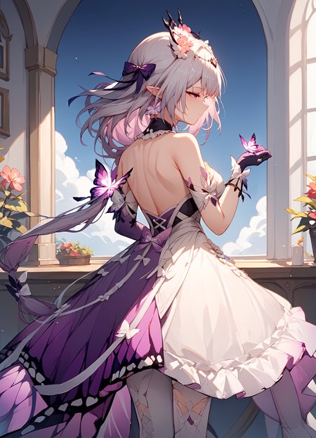 (score_9, score_8_up, score_7_up), 1girl, castorice, hair ornament, butterfly arm ribbon, asymmetrical gloves, white legwear, from behind, closed mouth, half-closed eyes, butterfly on hand, <lora:castorice-hsrPO-v1r:0.9>