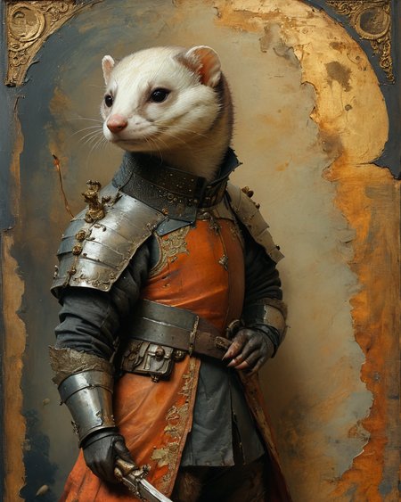 armored and armed anthropomorphic ferret, <lora:add-detail-xl:0.75>, <lora:xl_more_art-full_v1:0.5>, <lora:XSfenlie:1> fenliexl,  <lora:NicolaSamori:0.9> in the style of Nicola Samori,  <lora:Maxfield Parrish Style:1> Maxfield Parrish Style page